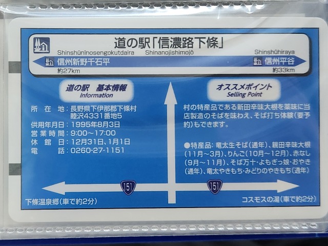 信濃路下條道の駅カード裏